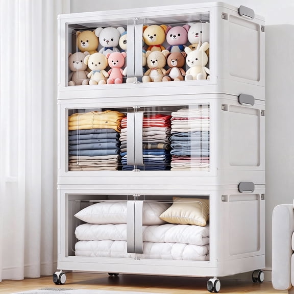Broview 480Qt Large Stackable Storage Bins with Lids, Plastic Closet Organizers Storage Drawer with Wheels Doors, Toy Clothes Storage Box, White V70