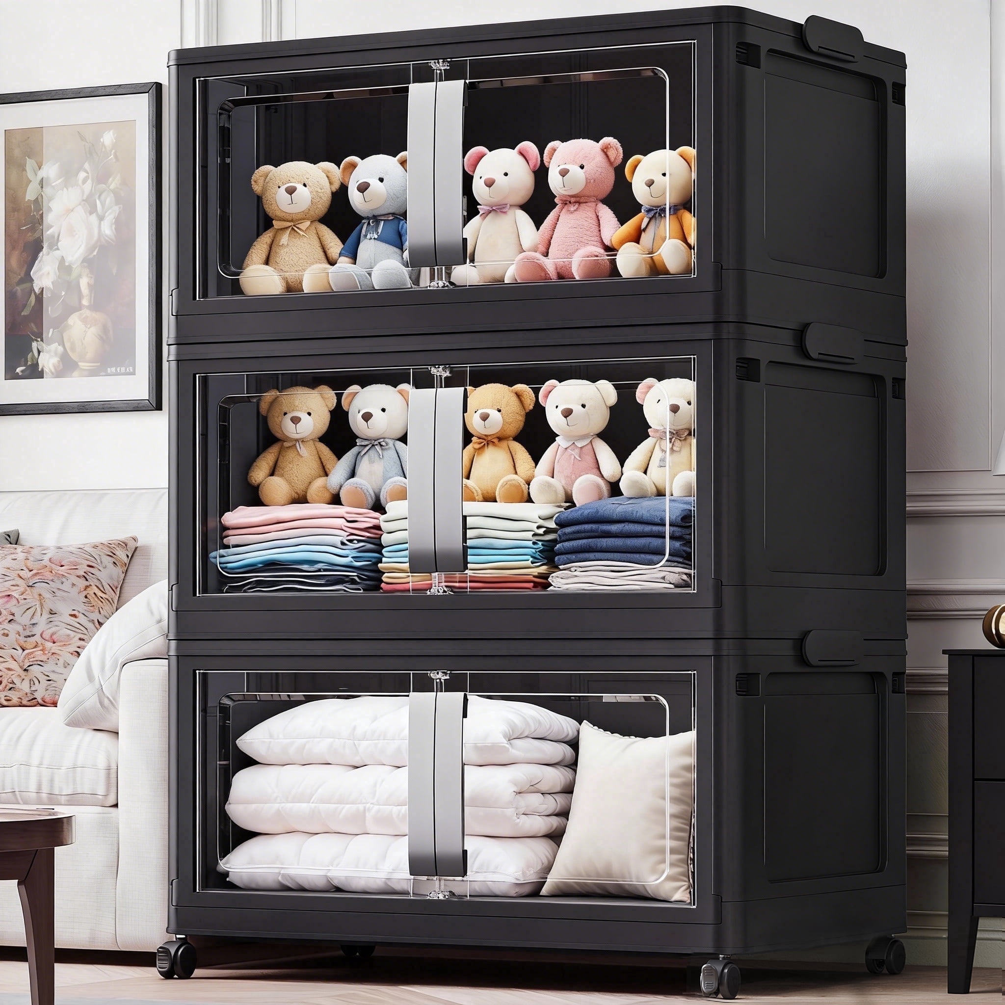 Broview 480Qt Large Stackable Storage Bins with Lids, Plastic Closet Organizers Storage Drawer with Wheels Doors, Toy Clothes Storage Box, Black V70