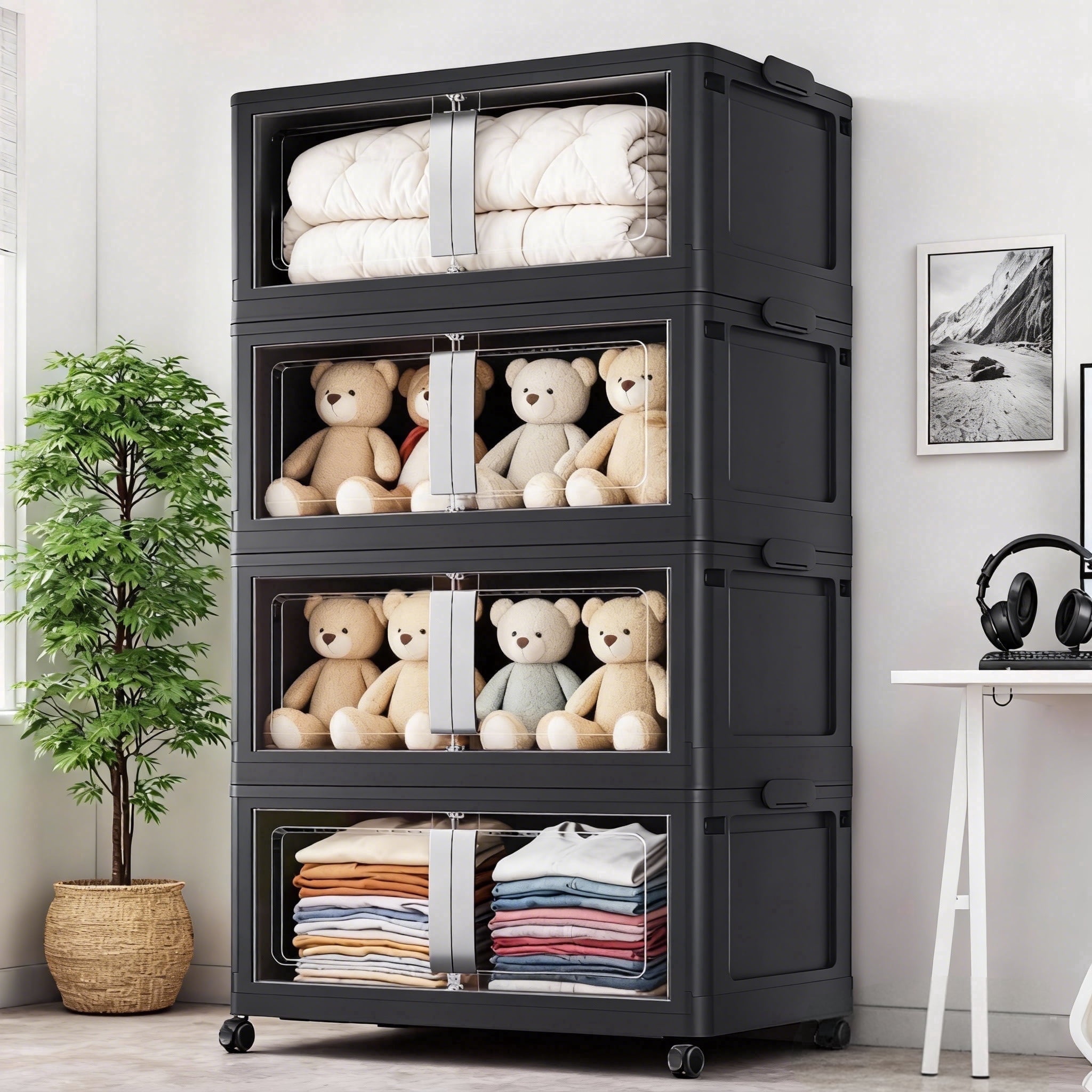Broview 640Qt Large Stackable Storage Bins with Lids, Plastic Closet Organizers Storage Drawer with Wheels Doors, Toy Clothes Storage Box, Black V70