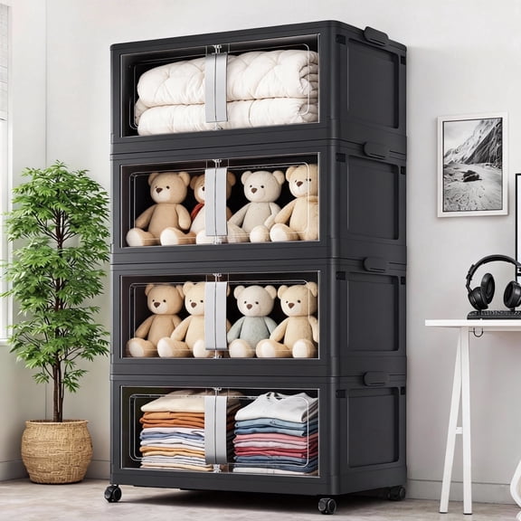 Broview 640Qt Large Stackable Storage Bins with Lids, Plastic Closet Organizers Storage Drawer with Wheels Doors, Toy Clothes Storage Box, Black V70