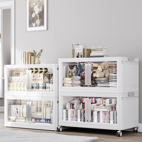 Broview 640Qt Stackable Storage Bins with Lids, Plastic Closet Organizers and Storage Drawer with Wheels, Large Collapsible Storage Box Storage Cabinet for Toy Clothes Home Organization, White V70