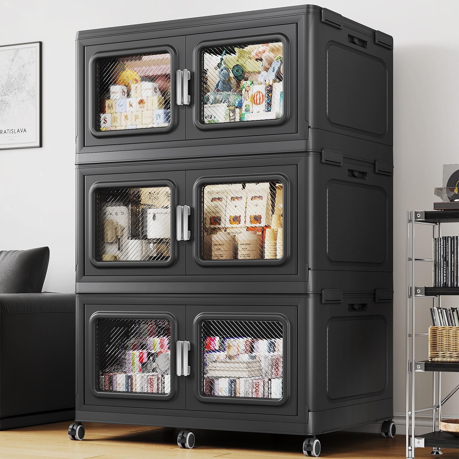 Broview 660QT Stackable Storage Bins with Lids, Extra Large 165Gal Foldable Crates for Family Storage, Kids Sports Gear, Holiday Decor, Space Saving Collapsible Toy, Closet Organizers, 3-Pack Black
