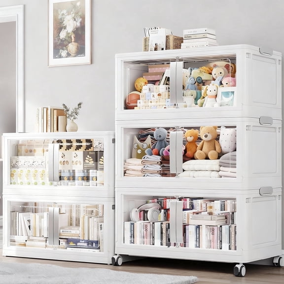 Broview 800Qt Stackable Storage Bins with Lids, Plastic Closet Organizers and Storage Drawer with Wheels, Large Collapsible Storage Box Storage Cabinet for Toy Clothes Home Organization, White V70