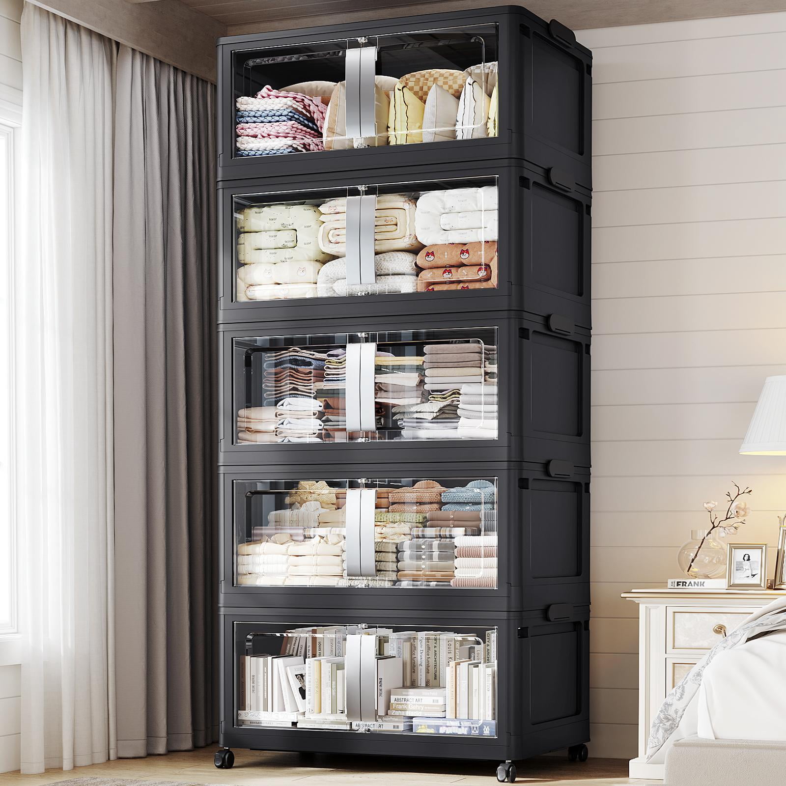 Broview 800Qt Large Stackable Storage Bins with Lids, Plastic Closet Organizers Storage Drawer with Wheels Doors, Toy Clothes Storage Box, Black V70