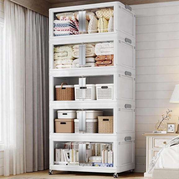 Broview 800Qt Large Stackable Storage Bins with Lids, Plastic Closet Organizers Storage Drawer with Wheels Doors, Toy Clothes Storage Box, White V70