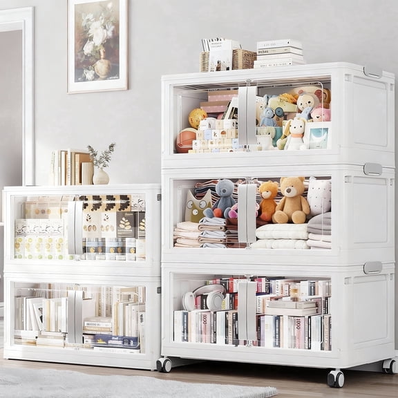 Broview 800Qt Large Stackable Storage Bins with Lids, Plastic Closet Organizers Storage Drawer with Wheels Doors, Toy Clothes Storage Box, White V70