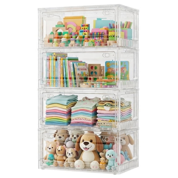 Broview 80Gal Clear Stackable Storage Bins with Latching Lids & Wheels, 4Pack Plastic Foldable Closet Organizers Box with Front Back Doors, for Home Room Toys Crafts