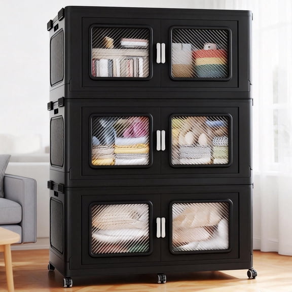 Broview 900QT Stackable Storage Bins with Lids, Extra Large 225Gal Foldable Crates for Family Storage, Kids Sports Gear, Holiday Decor, Space Saving Collapsible Toy Closet Organizers, 3-Pack Black