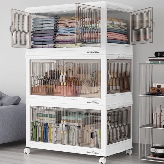 Broview 90Gal Stackable Storage Bins with 3x Lids, Front and Side Open Doors, Collapsible Closet Organizer and Storage Cabinet, Plastic Folding Box with Wheel Drawer for Home Office, 3Pack White