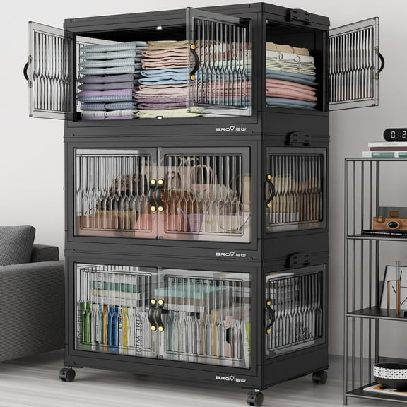 Broview 90Gal Stackable Storage Bins with 3x Lids, Front and Side Open Doors, Collapsible Closet Organizer and Storage Cabinet, Plastic Folding Box with Wheel Drawer for Home Office, 3Pack Black