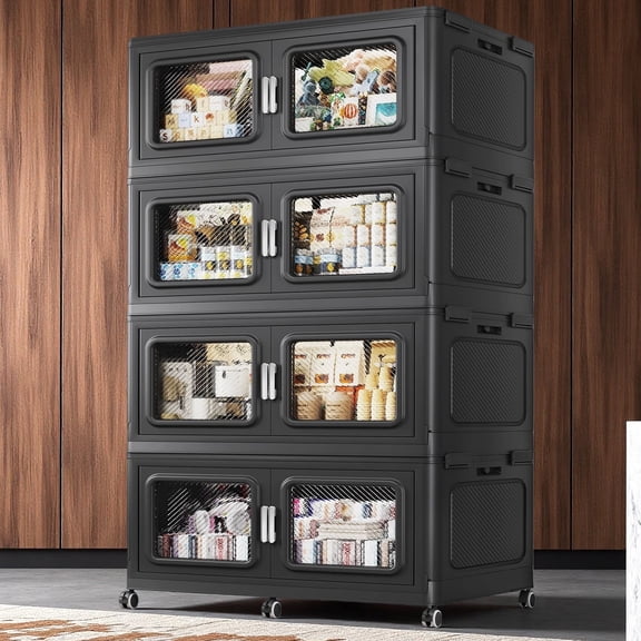 Extra Large Stackable Plastic Storage Containers 1280quart, Height 83.66", 320gal Collapsible Storage Bins with 4 lids for Home Clothes Toys Tools, Black