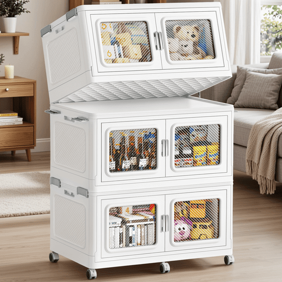 Broview Stackable Plastic Storage Bins Container 720quart, 3 boxes with 3 lids to Independent box, 180gal Collapsible Wheeled Heavy Duty Storage Box for Home Clothes Toys Tools, White