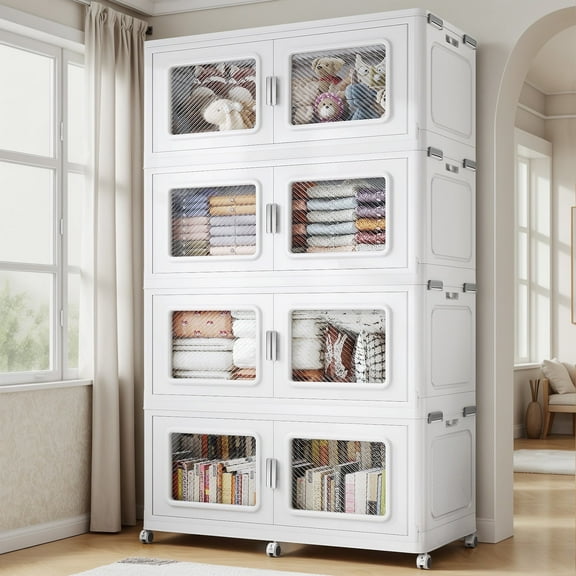 Broview Stackable Plastic Storage Bins Container 960quart, 4 Boxes with 4 Lids to Independent Box, 240gal Collapsible Wheeled Heavy Duty Storage Box for Home Clothes Toys Tools, White