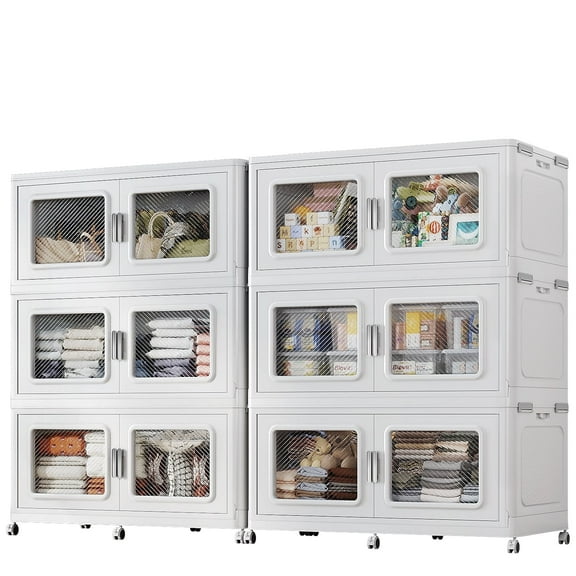 Broview Storage Bins 450Gal Extra Large Stackable Foldable Storage Boxes with Lids & Wheels - 1704 L - 1800 Qt Collapsible Plastic Cabinets, Open Front Door Home, Office Organization, White
