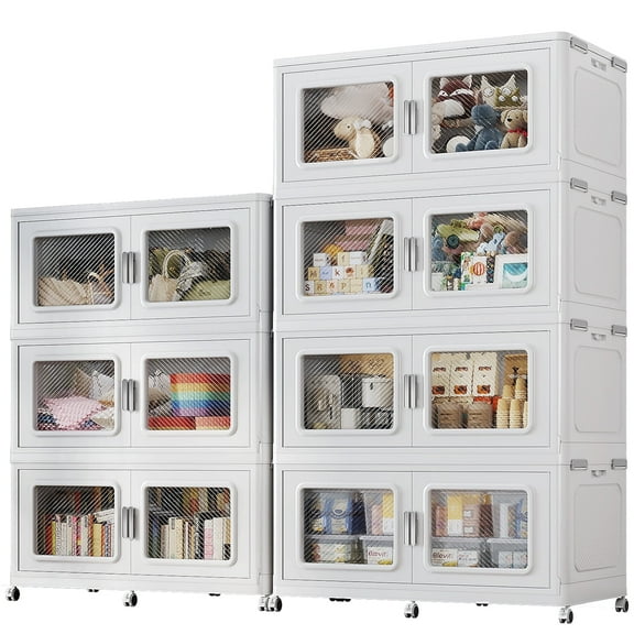 Broview Storage Bins 525Gal Extra Large Stackable Foldable Storage Boxes with Lids & Wheels - 1988 L - 2100 Qt Collapsible Plastic Cabinets, Open Front Door Home, Office Organization, White