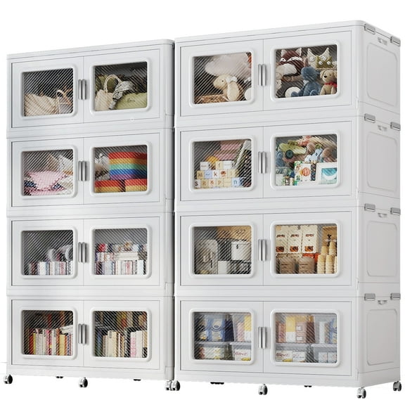 Broview Storage Bins 600Gal Extra Large Stackable Foldable Storage Boxes with Lids & Wheels - 2272 L - 2400 Qt Collapsible Plastic Cabinets, Open Front Door Home, Office Organization, White