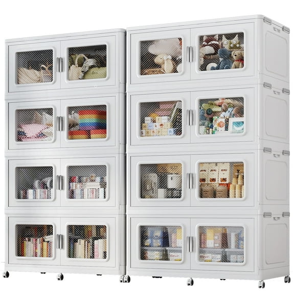 Broview Storage Bins 600Gal Extra Large Stackable Foldable Storage Boxes with Lids & Wheels - 2272 L - 2400 Qt Collapsible Plastic Cabinets, Open Front Door Home, Office Organization, White