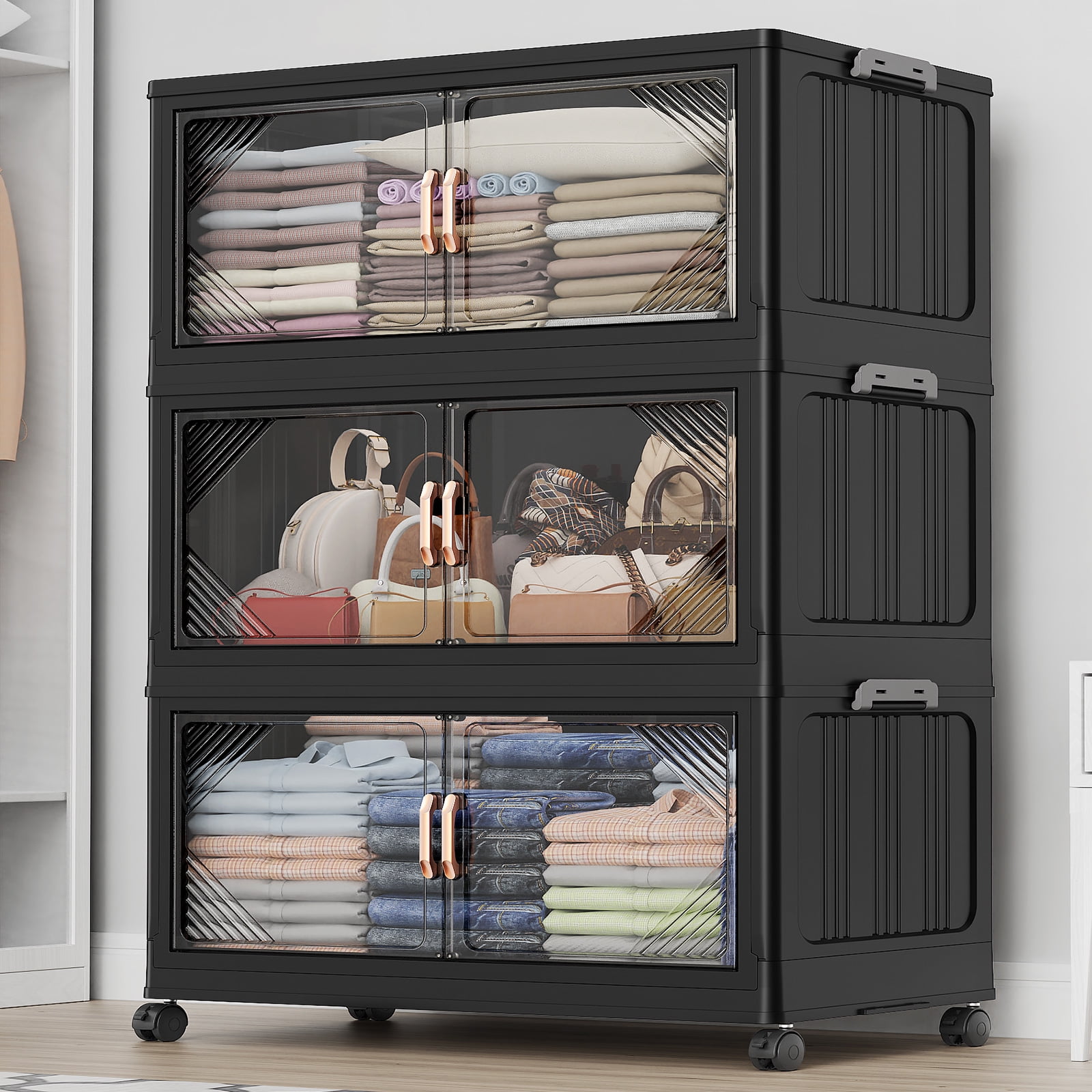 Broview 105Gal Plastic Stackable Storage Bins with Lid, 420QT Extra Large Containers With Drawers, Folding Closets with 4x Wheels, Collapsible Cabinets Organizers for Home Office, 3Pack Black, V60