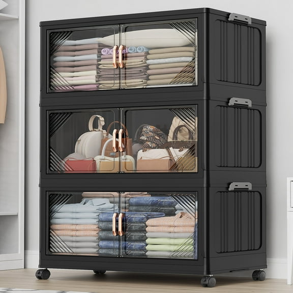 Broview 105Gal Plastic Stackable Storage Bins with Lid, 420QT Extra Large Containers With Drawers, Folding Closets with 4x Wheels, Collapsible Cabinets Organizers for Home Office, 3Pack Black, V60