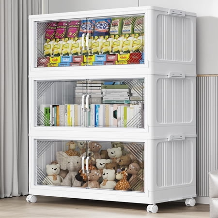 Broview V60 105Gal Extra Large Stackable Storage Bins with Lid, 420QT Plastic Containers With Drawers, Folding Closets with 6x Wheels, Collapsible Cabinets Organizers for Home Office, 3Pack White