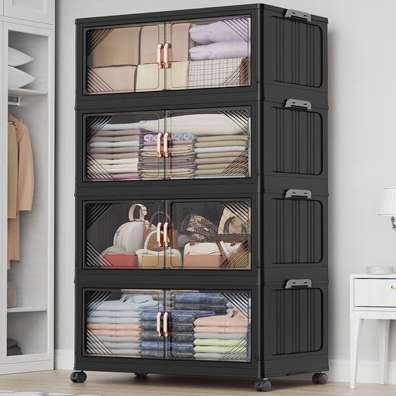 Broview 140Gal Plastic Stackable Storage Bins with Lid, 560QT Extra Large Containers With Drawers, Folding Closets with 4x Wheels, Collapsible Cabinets Organizers for Home Office, 4Pack Black, V60