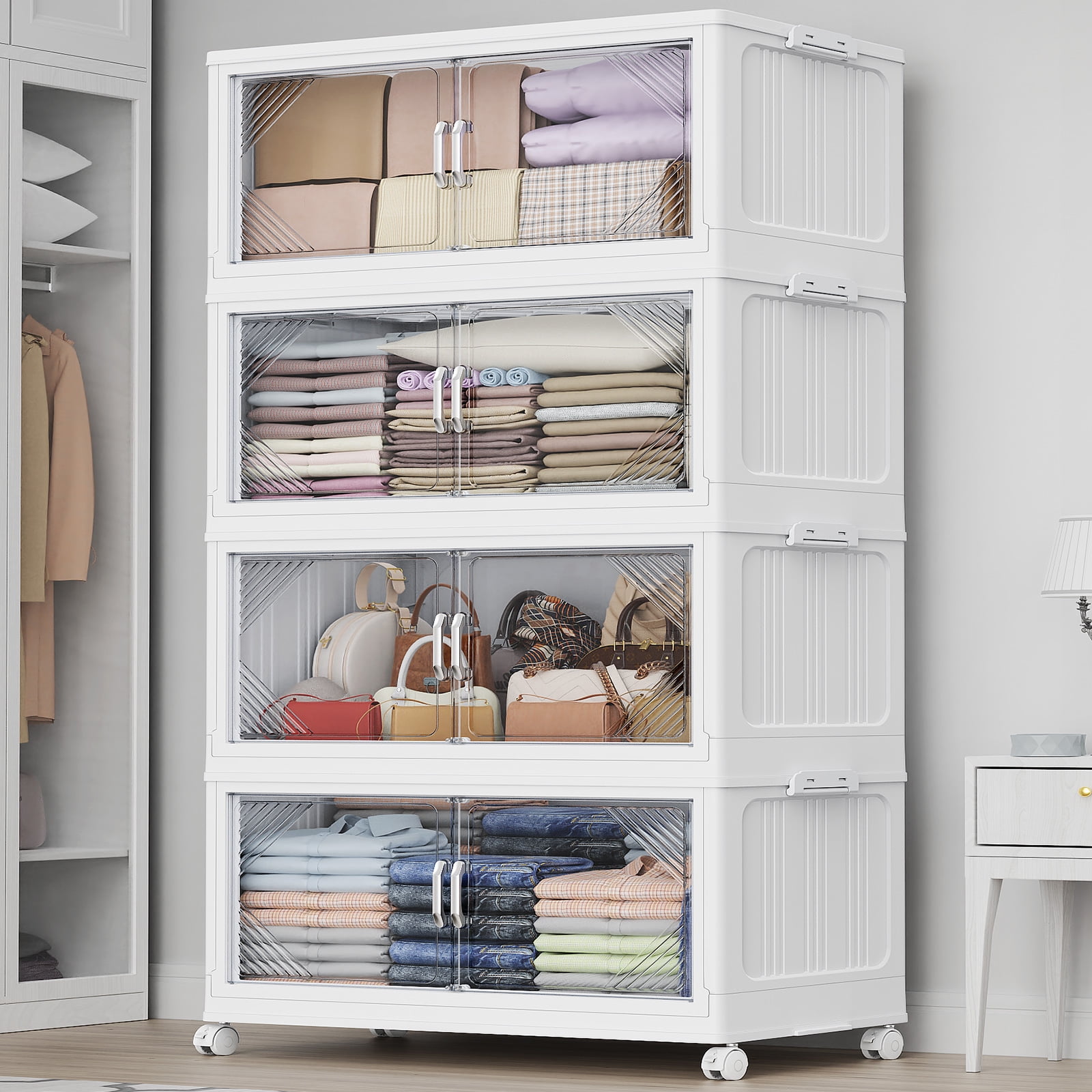 Broview V60 140Gal Extra Large Stackable Storage Bins with Lid, 560QT Plastic Containers With Drawers, Folding Closets with 6x Wheels, Collapsible Cabinets Organizers for Home Office, 4Pack White