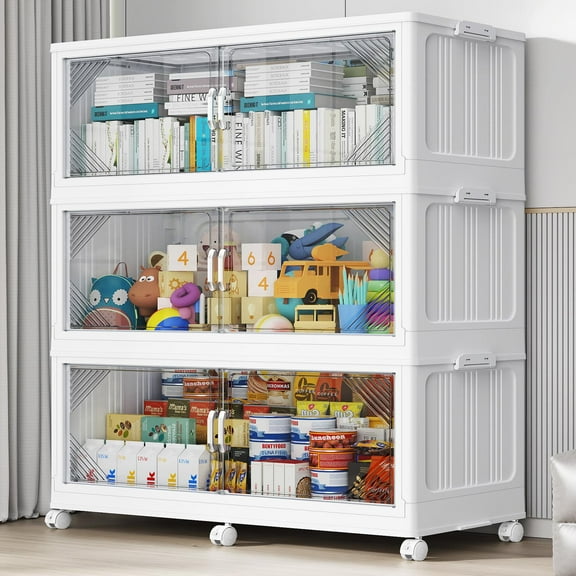 Broview 175Gal Plastic Stackable Storage Bins with Lid, 700QT Extra Large Containers With Drawers, Folding Closets with 6x Wheels, Collapsible Cabinets Organizers for Home Office, 3Pack White, V60