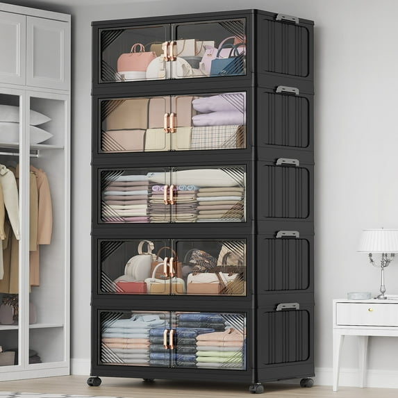 Broview 175Gal Plastic Stackable Storage Bins with Lid, 700QT Extra Large Containers With Drawers, Folding Closets with 4x Wheels, Collapsible Cabinets Organizers for Home Office, 5Pack Black, V60