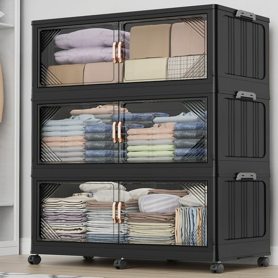 Broview 175Gal Plastic Stackable Storage Bins with Lid, 700QT Extra Large Containers With Drawers, Folding Closets with 6x Wheels, Collapsible Cabinets Organizers for Home Office, 3Pack Black, V60