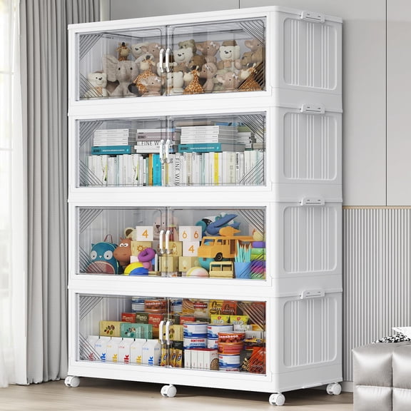 Broview V60 220Gal Extra Large Stackable Storage Bins with Lid, 880QT Plastic Containers With Drawers, Folding Closets with 6x Wheels, Collapsible Cabinets Organizers for Home Office, 4Pack White