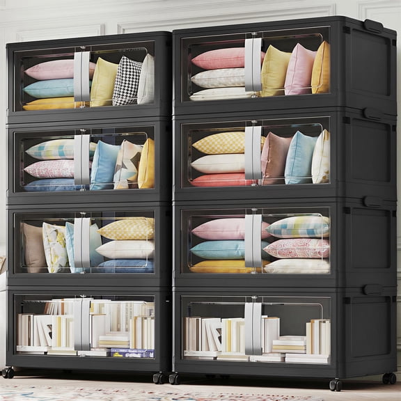 Broview V70 Stackable Storage Bins Extra Large 320 Gallon (1280 Quart), Plastic Box, Stackable & Foldable, Clear Doors, Magnetic Closure, 360° Wheels, Black 8pack