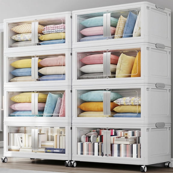 Broview V70 Stackable Storage Bins Extra Large 320 Gallon (1280 Quart), Plastic Box, Stackable & Foldable, Clear Doors, Magnetic Closure, 360° Wheels, White 8pack
