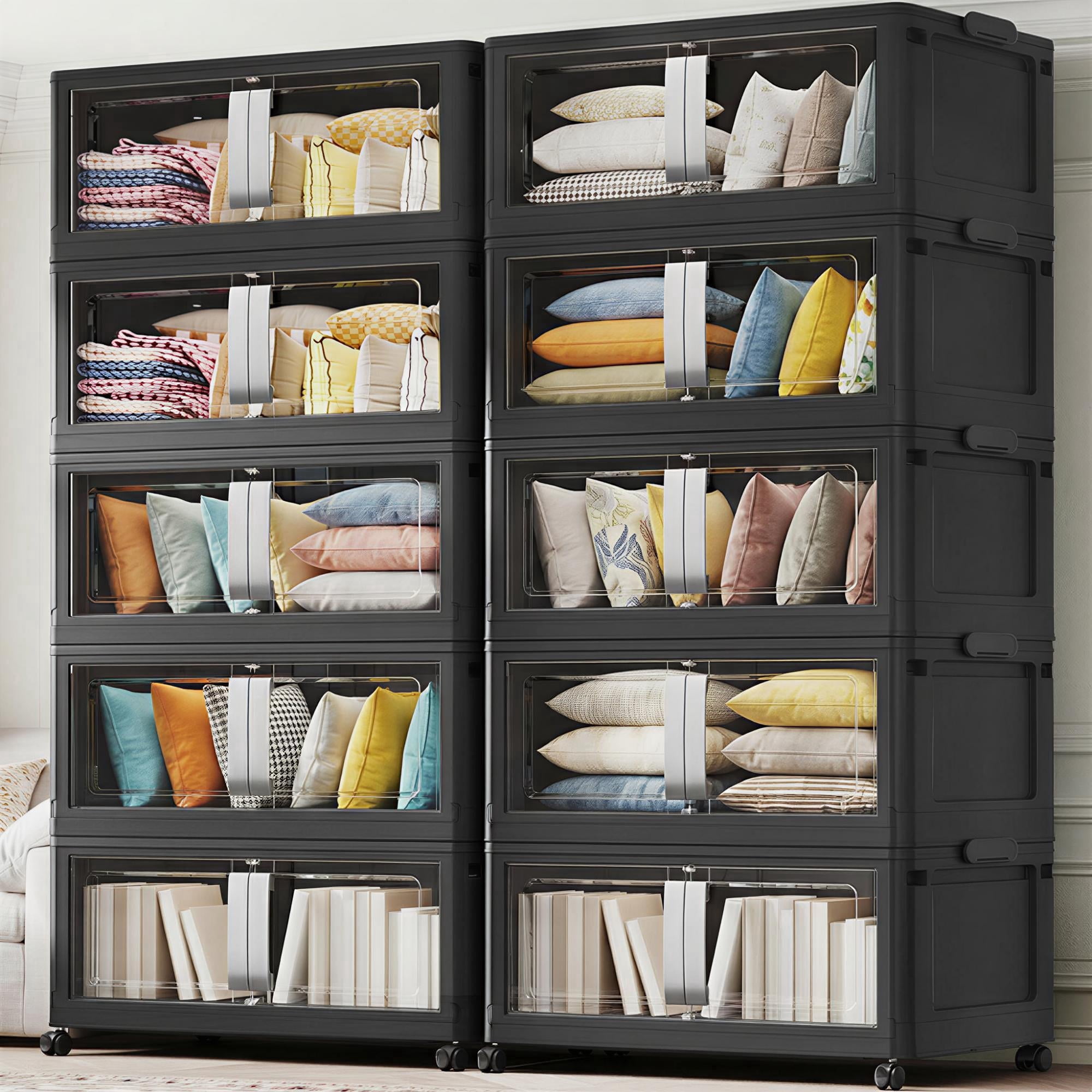 Broview V70 Stackable Storage Bins Extra Large 400 Gallon (1600 Quart), Plastic Box, Stackable & Foldable, Clear Doors, Magnetic Closure, 360° Wheels, Black 10pack