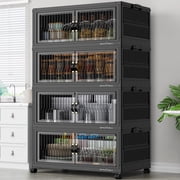 Broview V8 120Gal Large Stackable Storage Bins with Lid, Plastic Containers With Drawers, Folding Closets and Organizers with 4x Wheels Doors, Collapsible Cabinets Box for Home, 4-Pack Black