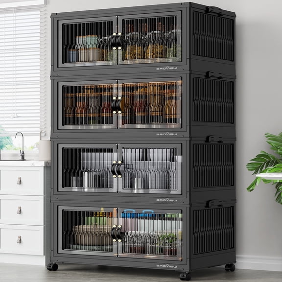Broview V8 120Gal Large Stackable Storage Bins with Lid, Plastic Containers With Drawers, Folding Closets and Organizers with 4x Wheels Doors, Collapsible Cabinets Box for Home, 4-Pack Black