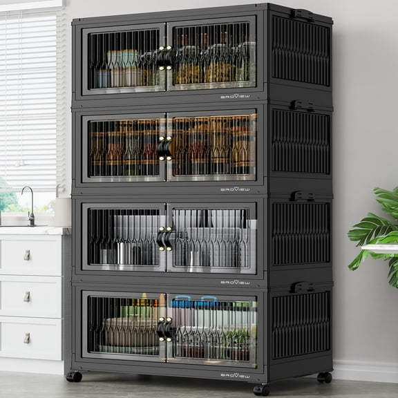 Broview V8 120Gal Large Stackable Storage Bins with Lid, Plastic Containers With Drawers, Folding Closets and Organizers with 4x Wheels Doors, Collapsible Cabinets Box for Home, 4-Pack Black