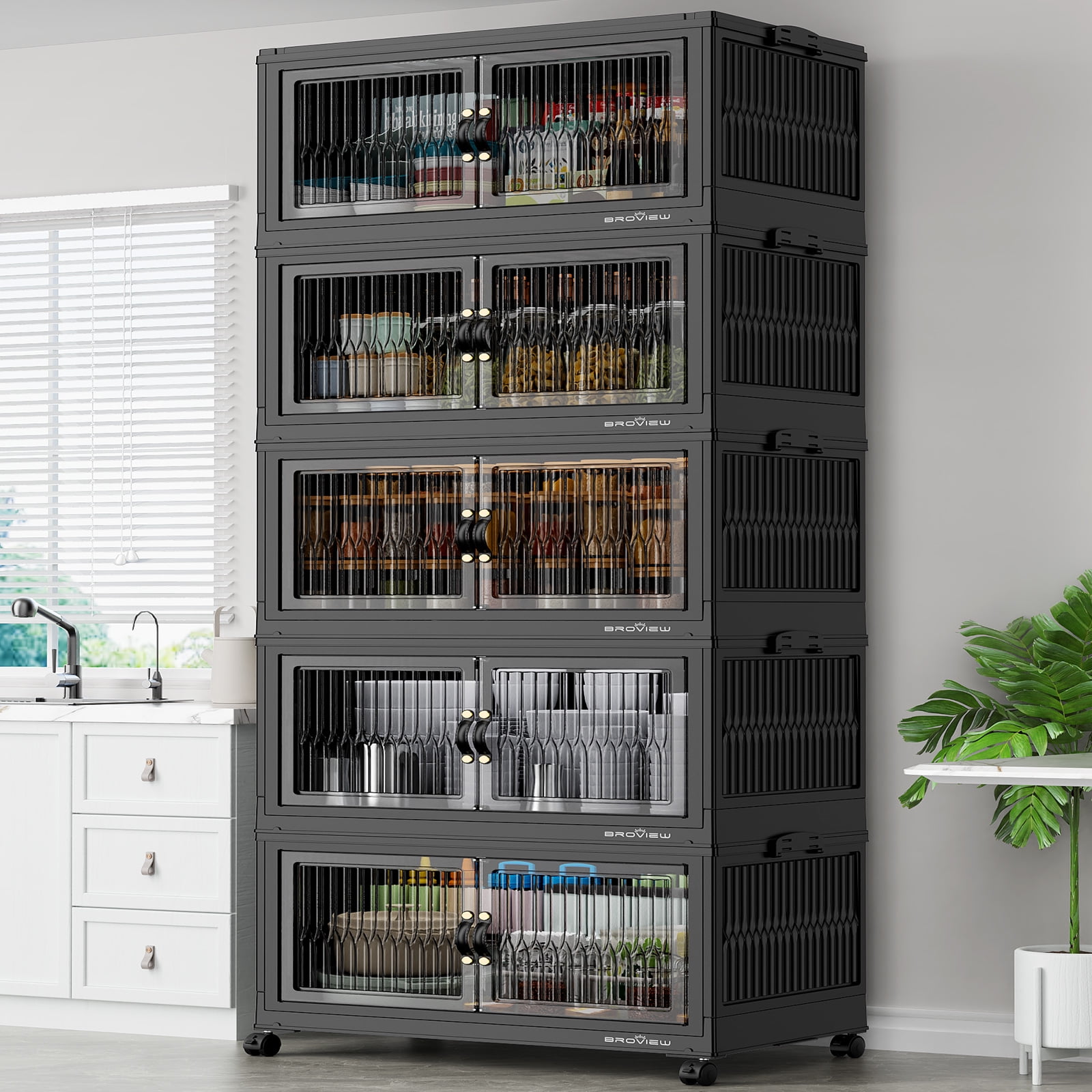 Broview V8 200Gal Large Stackable Storage Bins with Lid, Plastic Containers With Drawers, Folding Closets and Organizers with 4x Wheels Doors, Collapsible Cabinets Box for Home, 5-Pack Black