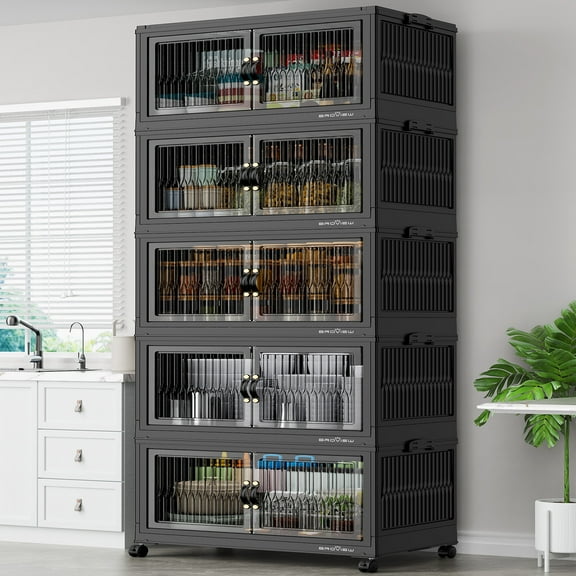 Broview V8 200Gal Large Stackable Storage Bins with Lid, Plastic Containers With Drawers, Folding Closets and Organizers with 4x Wheels Doors, Collapsible Cabinets Box for Home, 5-Pack Black