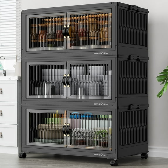 Broview V8 90Gal Large Stackable Storage Bins with Lid, Plastic Containers With Drawers, Folding Closets and Organizers with 4x Wheels Doors, Collapsible Cabinets Box for Home, 3-Pack Black
