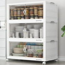 Broview V8 90Gal Large Stackable Storage Bins with Lid, Plastic Containers With Drawers, Folding Closets and Organizers with 4x Wheels Doors, Collapsible Cabinets Box for Home, 3-Pack White