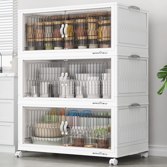 Broview V8 90Gal Large Stackable Storage Bins with Lid, Plastic Containers With Drawers, Folding Closets and Organizers with 4x Wheels Doors, Collapsible Cabinets Box for Home, 3-Pack White