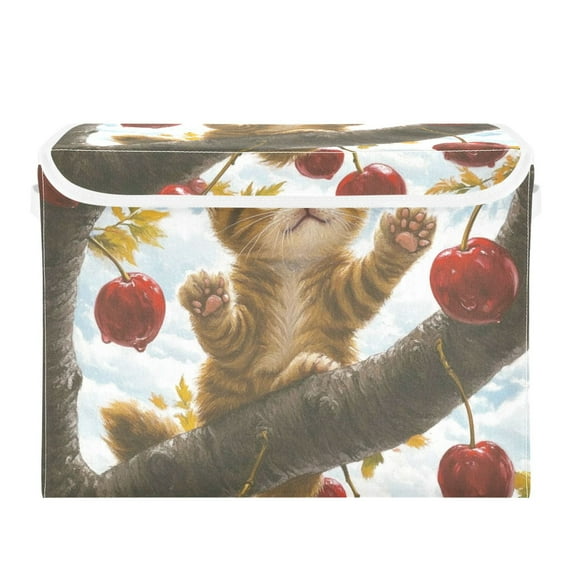 Brow Cat in Cherry Tree Large Storage Bins with Linen Collapsible Lid Storage Box 16.7 x 12.6 x 11.8in