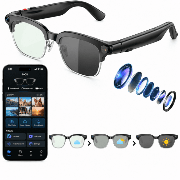 Browline AI Translation Smart Glasses with 8MP HD Camera, Bluetooth 5.4 Open Ear Audio with ENC, 7H Long Battery 42g Ultra-Light IPX4 for Men Women Travel Business