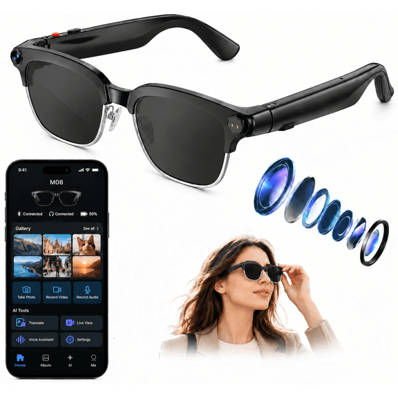 Browline AI Translation Smart Glasses with 8MP HD Camera, Bluetooth 5.4 Open Ear Audio with ENC, 7H Long Battery 42g Ultra-Light IPX4 for Men Women Travel Business