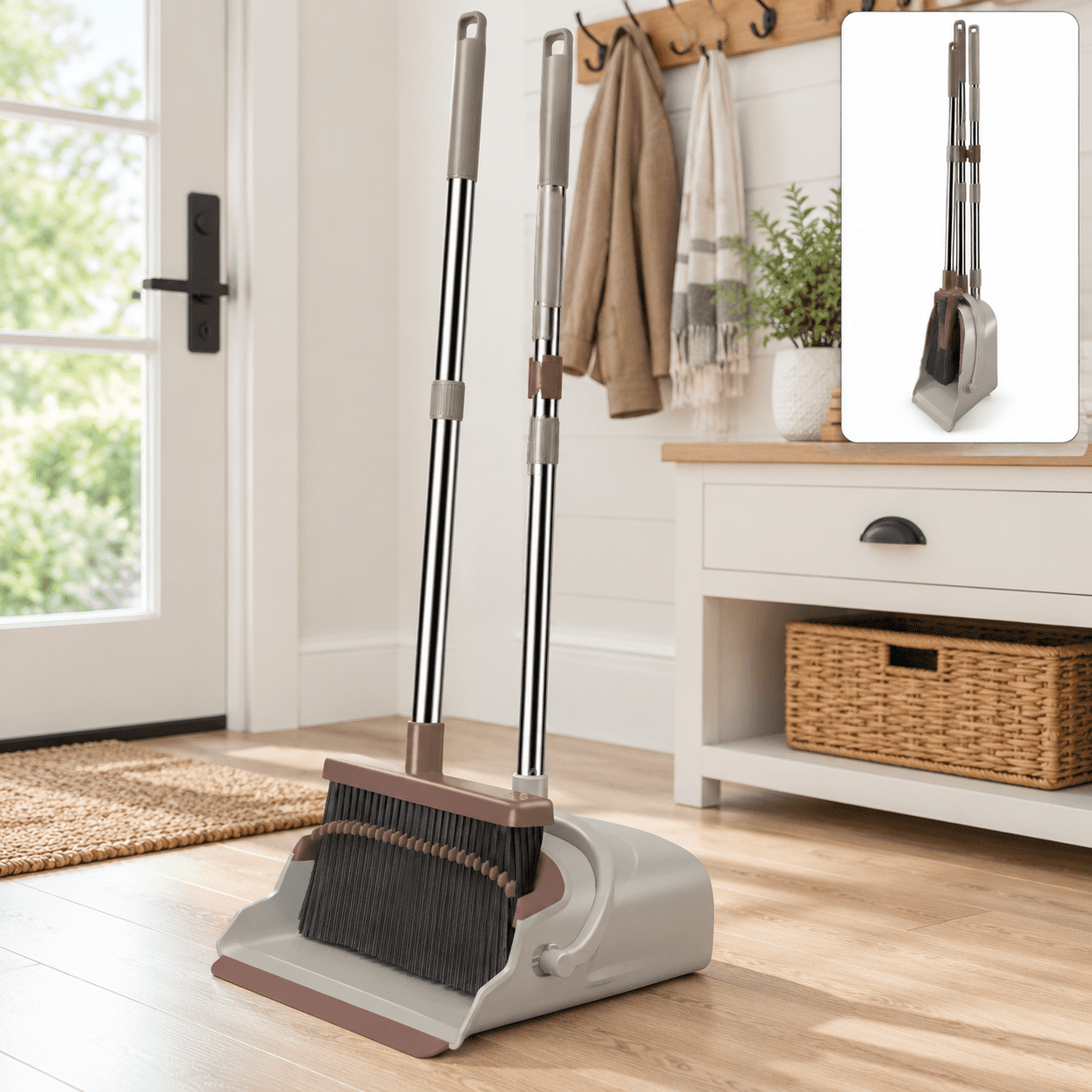 Brown-02 Self-cleaning Broom And Dustpan Set With Extendable Handle For ...