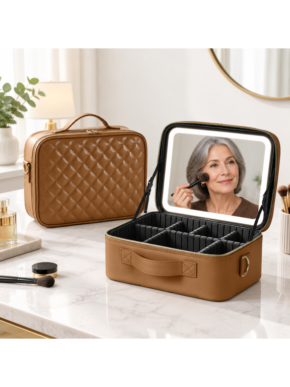 Brown 12 Inch Professional Portable Travel Makeup Case With LED Light Mirror