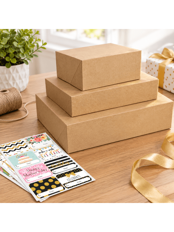 Brown 12-Pack Assorted Sturdy Gift Boxes with Lids and 80 Stickers for Wrapping Clothes
