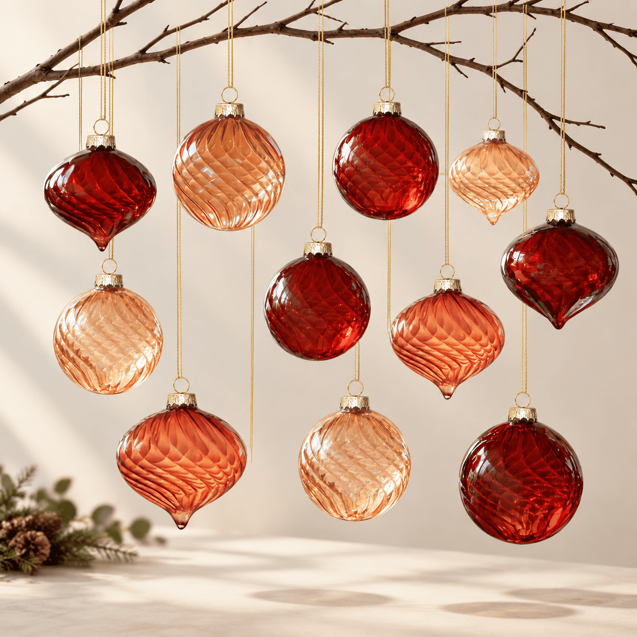 Brown 12-Piece Vintage Glass Christmas Ornament Set, Round & Onion ...