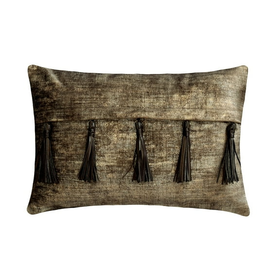 Brown 12"x16" (30x40 cm) Lumbar Pillow Cover, Velvet Suede wth Foil Textured Fabric, Foil & Tassles Oblong Pillow, Solid Color Pattern Modern Style - Tassels N Twine