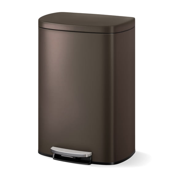 Brown 13 Gallon Stainless Steel Kitchen Trash Can with Lid, Large Rustproof Step-on Metal Trash Bin with Inner Bucket, Rear Handle, and Soft Close Lid, Durable and Stylish Garbage Can for Kitchen Use